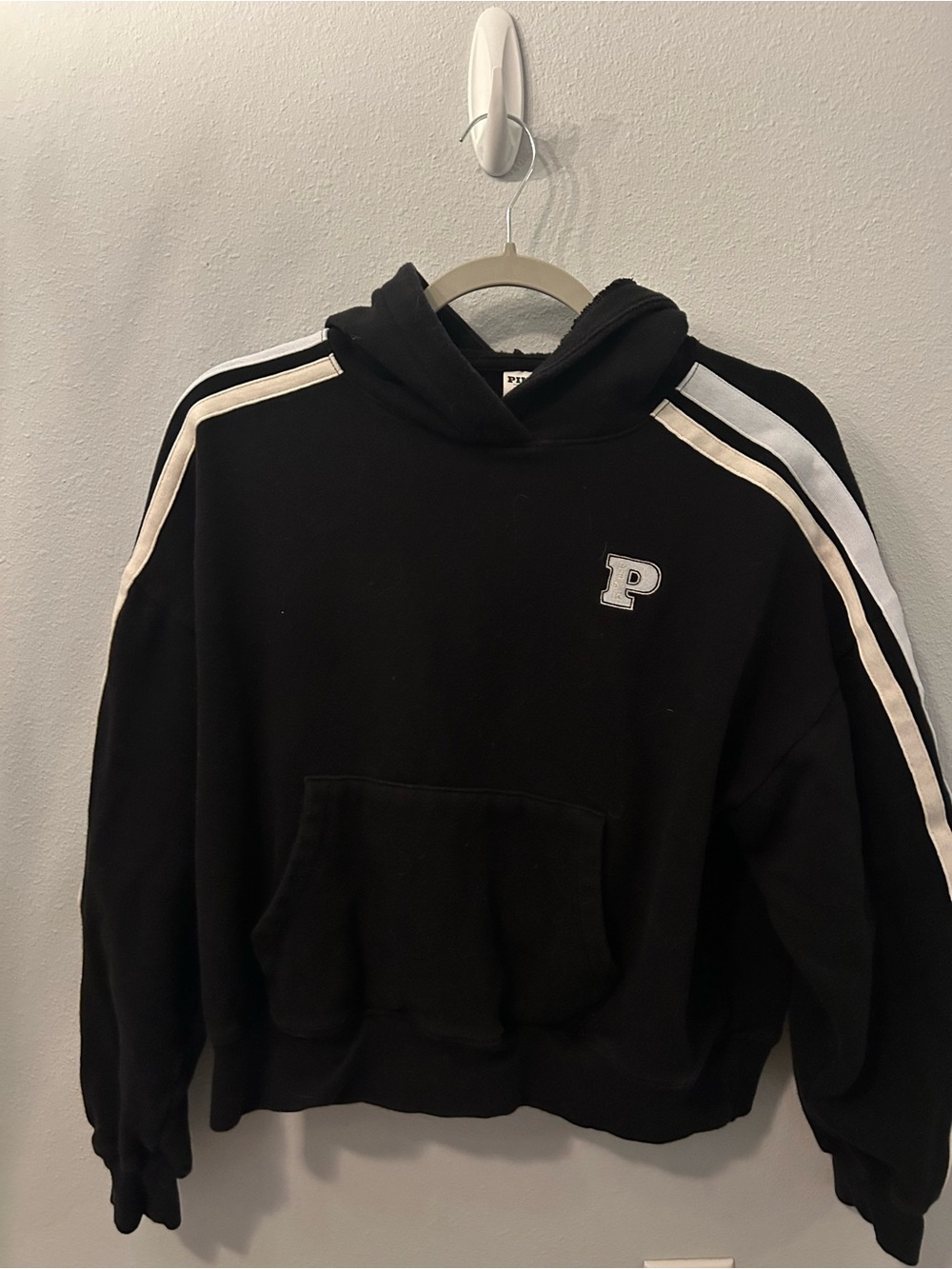 PINK Victoria's Secret Black Crewneck Hoodie with White Stripes